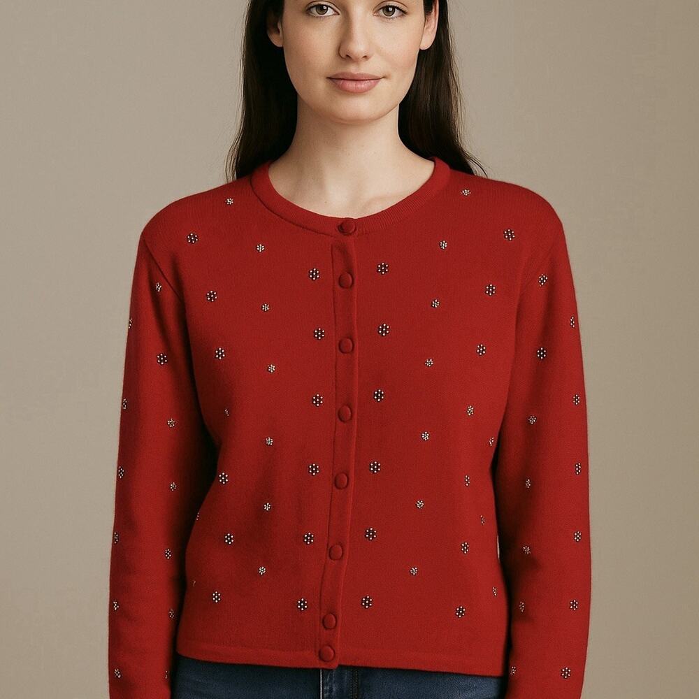 Vintage Jacobson's Beaded Embroidered Cardigan‎ Merino Wool Holiday Red Sz M